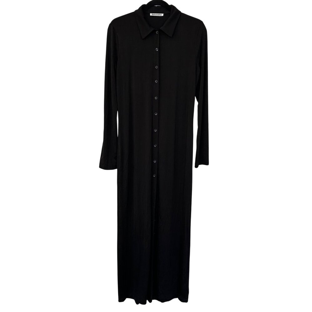 Reformation Maxi Dress Long Sleeve Button Front Size M Black Minimalist Travel